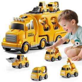 VIXA 車 おもちゃ 豪華5セット 多機能キャリアカーおもちゃ 音と光で楽しめる 工事車両 消防車 大型トラック 収納ケース ミニカーセット プルバックカー 頑丈なABS素材 男の子 女の子 誕生日