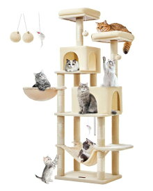 Taogimiao キャットタワー 高さ170cm 大型猫用 多頭飼い対応 据え置き 超スリム 省スペース 転倒防止付き 安定感 運動不足解消 猫ハウス2個 ハンモック 2段展望台 天然麻紐 爪研ぎ棒 サイザル麻