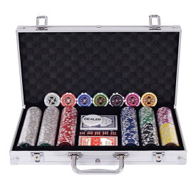送料無料 300枚 数字付き ポーカーセット チップセット ポーカーチップ カジノチップ カジノセット トランプ付き アルミケース ブラック/シルバー