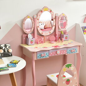送料無料 ドレッサーおもちゃ 子供用化粧台 子供用 子ども用 キッズ用 メイクおもちゃ ミニ鏡台 キッズメイクアップ 女の子 おしゃれ おままごと お化粧 スツール付き 鏡付き 引き出し付き 木製 ピンク