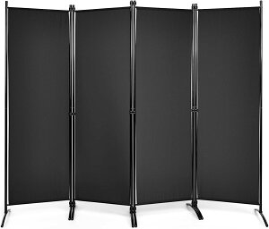 COSTWAY パーテーション 間仕切り 4連 幅220cm 高さ173cm キャスター無し 目隠し 屏風 折りたたみ式 自立式 事務所 会議室 病院 カフェ ブラック/グレー