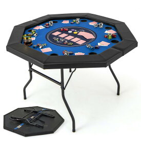 COSTWAY ポーカーテーブル 8人用 ポーカーマット 麻雀卓テーブル 幅96cmx奥行122cm 折りたたみ カップホルダー付き 安定 スムース加工 滑り止め ポーカー カジノ テーブル テキサスホールデム カードゲーム ブルー グリーン