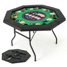 COSTWAY ポーカーテーブル 8人用 ポーカーマット 麻雀卓テーブル 幅96cmx奥行122cm 折りたたみ カップホルダー付き 安定 スムース加工 滑り止め ポーカー カジノ テーブル テキサスホールデム カードゲーム ブルー グリーン