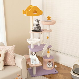 COSTWAY キャットタワー 高さ167cm 猫ハウス 猫タワー 猫部屋 ネコタワー 猫用 据え置き 天然麻紐 爪とぎポール 展望台 ハンモック ボンボンおもちゃ付き 多頭飼い 運動不足解消 猫おもちゃ 猫の遊び場 おしゃれ
