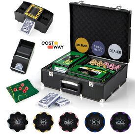 送料無料 数字入り チップ300枚 ポーカーチップ カジノチップ ポーカーセット テーブルゲーム カジノセット ブラックケース&カードシュー&カードシャッフラー ト&ランプ&サイコロ&マット付き