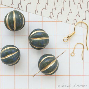 チェコビーズ 【14mm 4個】 アーミーグリーン ゴールド 筋入り メロン パンプキン ラウンド ガラス ビーズ 手芸 専門店 R107