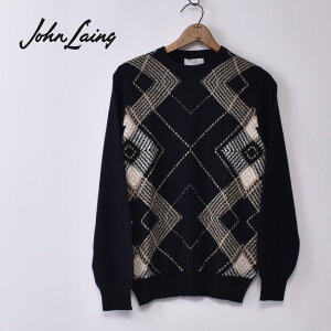 yJohn LaingzWCArgyle Crew Neck Sweater A[KC N[lbNZ[^[100% Pure Cashmere sAJV~ANAVY lCr[sS-50t