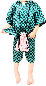 格子柄　子供甚平　(ピンク色巾着袋付き)
