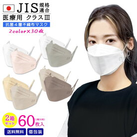 2色セット【JIS規格適合 医療用クラス3】4層構造 日本製 不織布マスク 2箱 合計60枚 個包装 送料無料 快適立体マスク 大人マスク