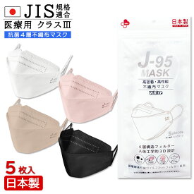 【JIS規格適合 医療用クラス3】4層構造 日本製 不織布マスク 5枚入 4袋以上で送料無料 快適立体マスク 口紅がつきにくい 大人マスク