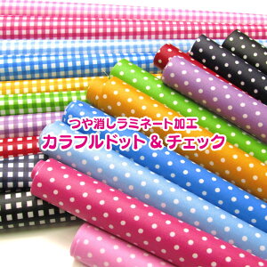 つや消しラミネート加工 カラフルドット&チェック(単位10cm)コットン/綿/生地/布/オックス/チェック/格子/水玉/みずたま/カラフル/POP/撥水加工/ビニールコーティング