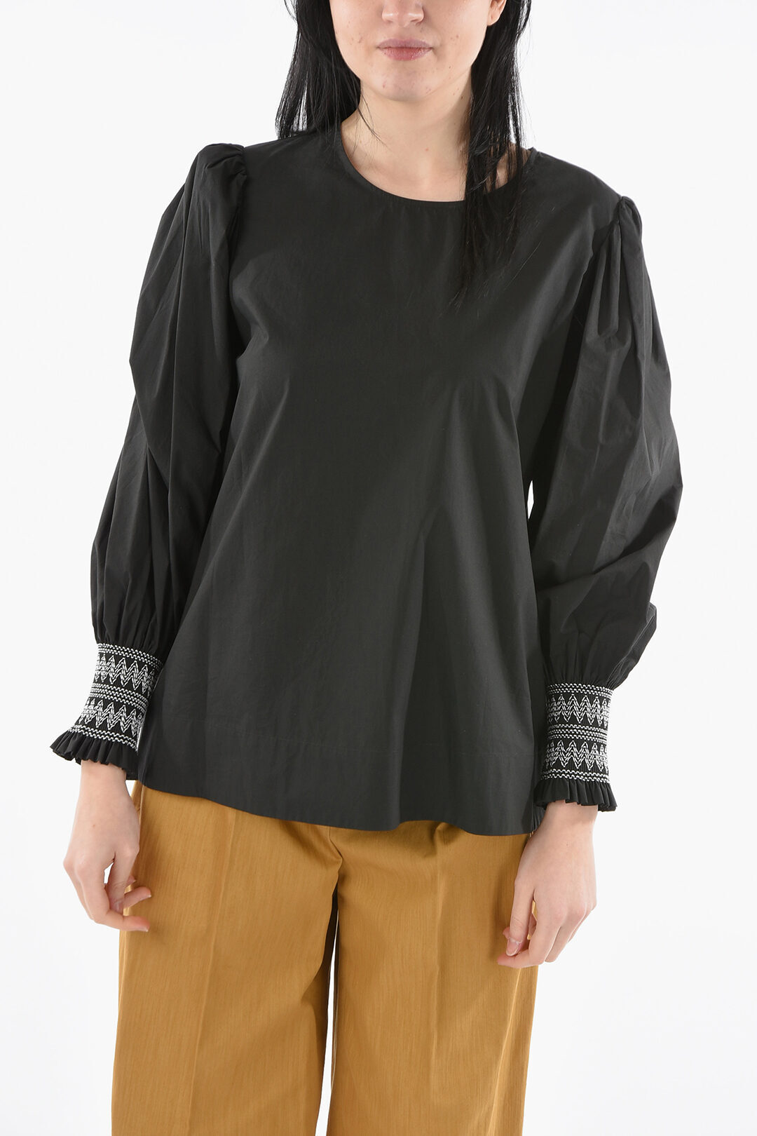PAROSH パロシュ Black シャツ D312329.813 レディース ROUND NECK POPLIN CANYOX BLOUSE WITH EMBROIDERED SLEEVES  dk