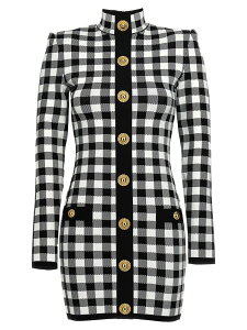 �o���}�� BALMAIN �����s�[�X �h���X ���f�B�[�X �z���C�g Dresses Vichy knit dress CF1R8019KF51EAB White/Black �֐� �������� 2024SS ju
