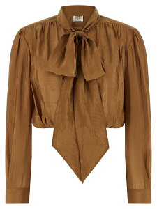 �C�� �T�����[���� SAINT LAURENT PARIS �V���c ���f�B�[�X �u���E�� Shirts Lavalliere neck blouse 856831Y3K312005 Brown �֐� �������� 2026SS ju