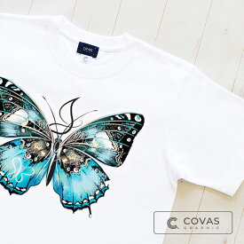 COVAS GRAPHIC Tシャツ 青蝶 ホワイト 白 303113-10 ユニセックス 半袖 プリントTシャツ 蝶々 バタフライ 綿 デザイン コバスグラフィック