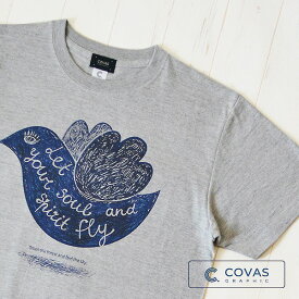 COVAS GRAPHIC ユニセックス Tシャツ "バードフライ" 325225-14 杢グレー 半袖 綿 鳥 バード プリントTシャツ デザインTシャツ グラフィックTシャツ メンズ レディース 男女兼用