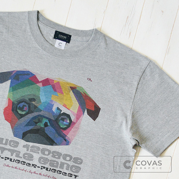 　COVAS GRAPHIC ユニセックス Tシャツ "カラフルパグ" 325233-14 杢グレー  半袖 綿 パグ 犬 プリントTシャツ デザインTシャツ グラフィックTシャツ メンズ レディース 男女兼用