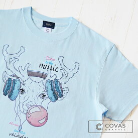 COVAS GRAPHIC Tシャツ "トナカイミュージック" ライトブルー 337305-21 ユニセックス 半袖 綿100% トナカイ 音楽 プリントTシャツ デザインTシャツ グラフィックTシャツ メンズ レディース 男女兼用