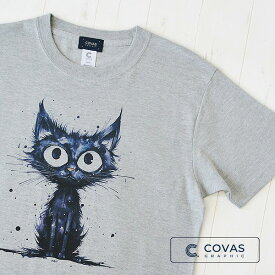 COVAS GRAPHIC Tシャツ "黒猫" 杢グレー 349402-14 ユニセックス 半袖 綿 猫 キャット プリントTシャツ デザインTシャツ グラフィックTシャツ メンズ レディース 男女兼用