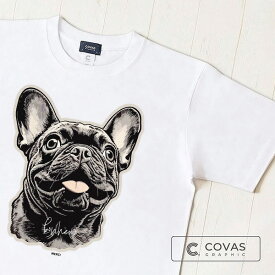COVAS GRAPHIC Tシャツ "ハッピーフレンチブル" ホワイト 白 349406-10 ユニセックス 半袖 綿100% 犬 フレンチブルドッグ プリントTシャツ デザインTシャツ グラフィックTシャツ メンズ レディース 男女兼用