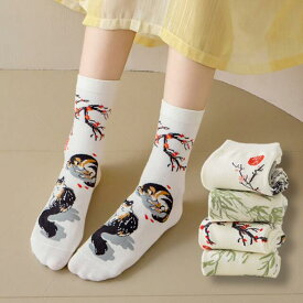 ソックス レディース クルーソックス 3点セット A～D選べる 犬 猫 動物柄 プリント 靴下 おしゃれ かわいい 綿 通気性 快適 和風デザイン プレゼント ギフト ファッション雑貨 春 夏 秋 冬