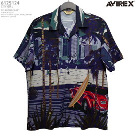 アロハシャツ｜アビレックス｜アヴィレックス（AVIREX）｜AVI6125124 CITY GIRL（シティ ガール）｜ネイビー｜メンズ｜レーヨン100％　刺繍糸：ポリエステル100％｜開襟（オープンカラー）｜フルオープン｜半袖｜アロハタワー（アロハシャツ販売）｜ハワイアンシャツ