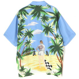 アロハシャツ｜ショット（SCHOTT）SCH7823123006｜HAWAIIAN SHIRT PIN-UP GIRL（ピンナップガール）｜サックス｜メンズ｜レーヨン100％｜開襟｜フルオープン｜半袖｜アロハタワー（アロハシャツ販売）｜ハワイアンシャツ