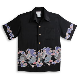 アロハシャツ・マカナレイ（MAKANA LEI）｜AMT-075ドラゴンボーダー・ブラック｜メンズ｜縮緬（ちりめん）シルク｜薄手生地｜半袖｜アロハタワー（アロハシャツ販売） MAKANALEI