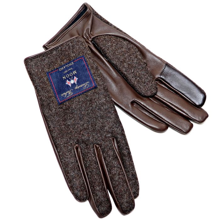 手袋 メンズ タッチパネル ブラウン スマホ対応 英国製 ツイード MOON ムーン メンズ手袋 ウール 羊革 レザー 導電革 24cm サイズ  フリー ビジネス 男性用 コンビ ob10213m7 | ＣＯＸＳＷＡＩＮ