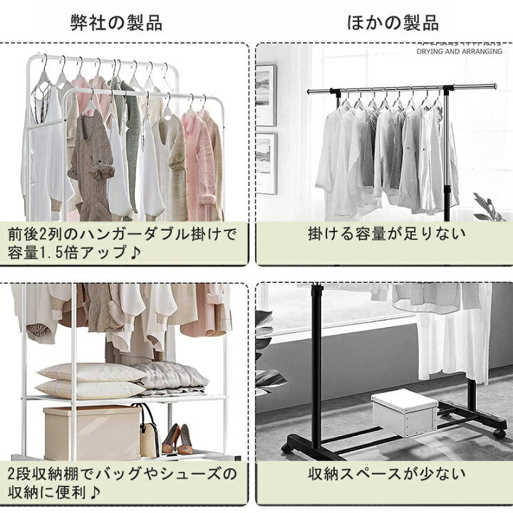 楽天市場】ダブルハンガーラック ハンガーラック 2段棚付き 洋服ラック 