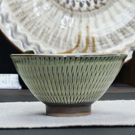 和食器 小鹿田焼 黒木昌伸窯 茶碗 大 13.5cm 飛び鉋 緑