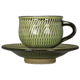 和食器 小鹿田焼 黒木昌伸窯 カップ＆ソーサー 160cc 飛び鉋 緑