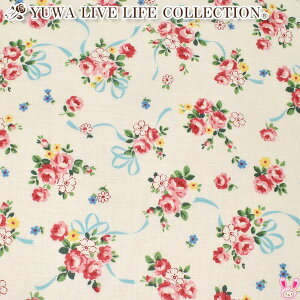 YUWA有輪商店 リボンと薔薇の花束 Aホワイト 10cm単位 切り売り シャーティング生地 AT826761 (270) (20cm以上)