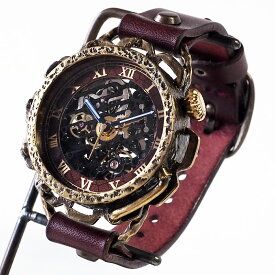 KINO（キノ） 手作り腕時計 自動巻き 裏スケルトン キノパンクブラック 真鍮 ワインブラウン [K-18-BR-WI] ハンドメイド 手作り 機械式 腕時計 ウォッチ スケルトン 蓄光 針 スチームパンク アンティーク レトロ 大きい おしゃれ メンズ レディース 革 革ベルト 日本製 国産