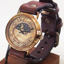 渡辺工房 手作り腕時計 “BigWheel2-B-SUN&MOON” ジャンボブラス [NW-JUM125-SM] 時計作家・渡辺正明さんのハンドメイド ウォッチ ハンドメイド腕時計 手作り時計 メンズ レディース 本革ベルト 真鍮 アンティーク調 レトロ アナログ 日本製 刻印・名入れ無料