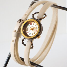 vie（ヴィー） 手作り腕時計 “パステル ドロップ” 2重ベルト レディース [WB-074-W-BELT]ハンドメイド ウォッチ・ハンドメイド腕時計 アンティーク調 アンティーク調 イタリアンレザー 本革ベルト パステル 水玉 可愛い 真鍮 滋賀 大津 時計工房 日本製