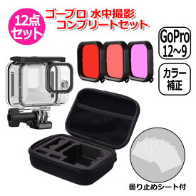 【選ばれて第1位】【送料無料】GoPro ゴープロ 12 11 10 9 用 アクセサリー 水中 撮影 コンプリート 12点 セット アクションカメラ ウェアラブルカメラ 防水 防塵 ハウジング クリアー 保護 ケース カラー 補正 フィルター 湿気 結露 防止 プレート 収納 ケース ダイ