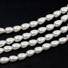 即日発送！ガラス連ビーズ パール調ビーズ 雫型 しずく型パールビーズ ホワイトカラー 光沢ツヤ感あり 約6×8mm (約100ヶ)