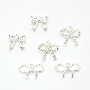 即日発送!銀古美チャーム シルバー調チャーム リボンモチーフ リボンチャーム メタルりぼんチャーム 3種類 1カン付き (4ヶ)
