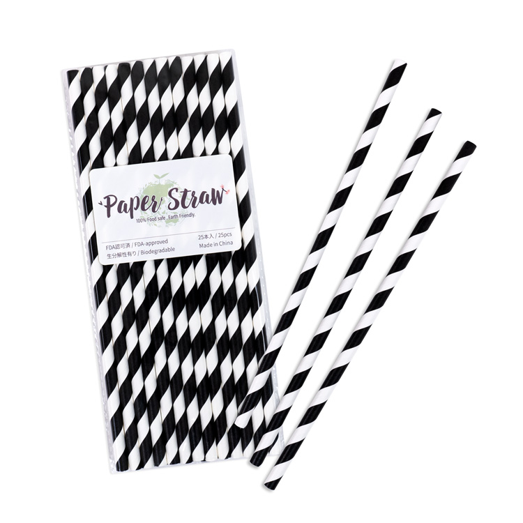 ペーパーストロー 紙ストロー [ブラック ストライプ] 25本入 Paper Straws Black Stripe 25pcs 使い捨て食器 