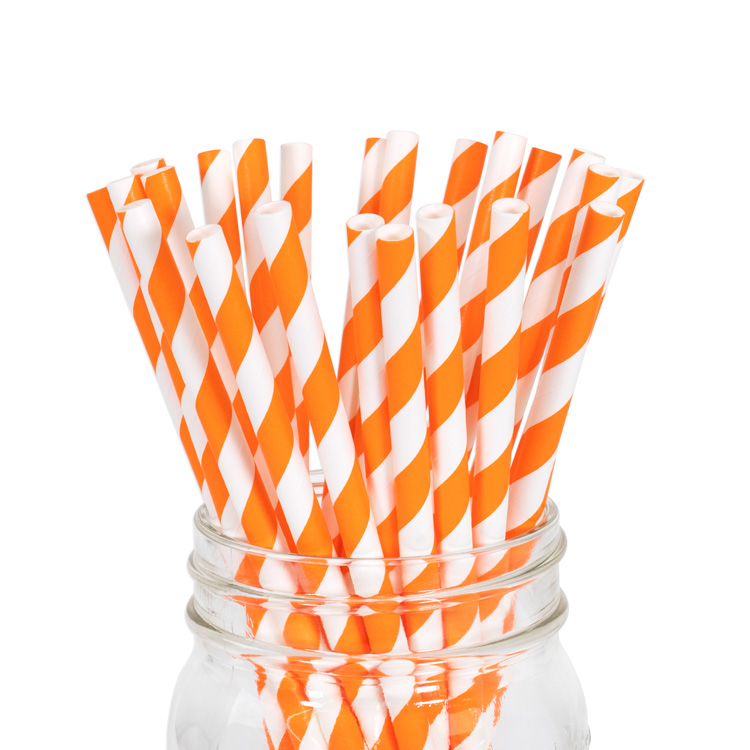 ペーパーストロー 紙ストロー [オレンジ ストライプ] 25本入   Paper Straws Orange Stripe 25pcs