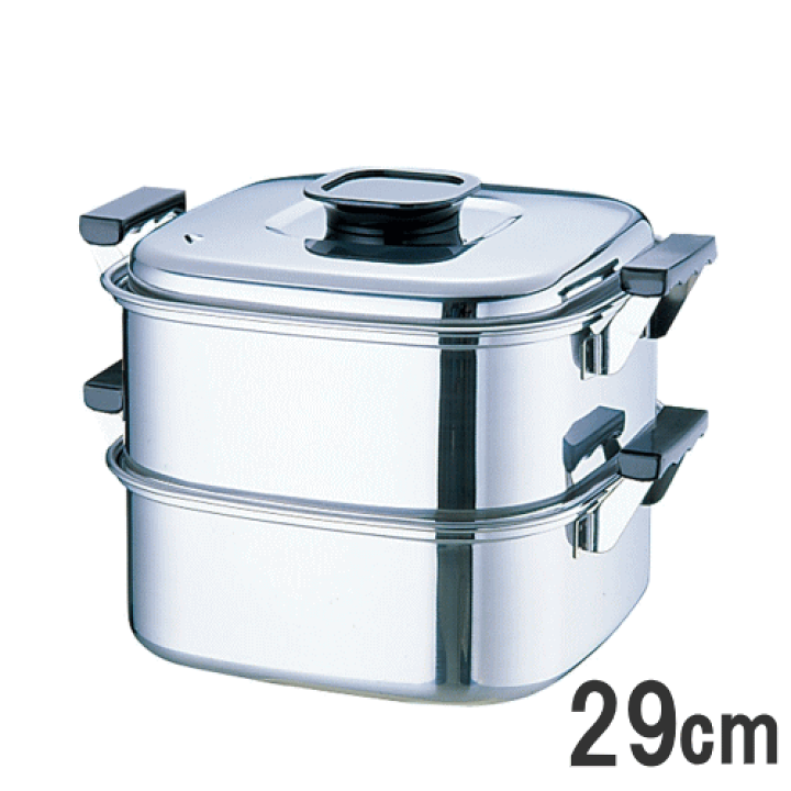 18-8ステンレス　角蒸し器　2段　40㎝ 楽天市場】◎桃印 18-0ステンレス角型蒸し器 2段 29cm 1.2升用 一重 角