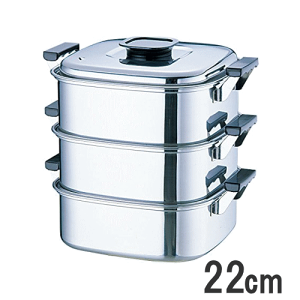 ◎桃印 18-0ステンレス角型蒸し器 3段 22cm 1.2升用 二重 角蒸し器 電磁調理器 IH・ガス火対応 025000340,549-10_ET 120サイズ