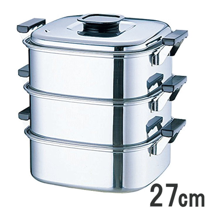 楽天市場】◎桃印18-0ステンレス角型蒸し器 3段 27cm 2升用 IH100/200V