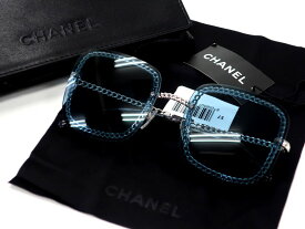 CHANEL シャネル イタリア製 チェーンフレーム ウェリントン サングラス 眼鏡 アイウェア 4244 定価6.4万 クリアブルー シルバー 57□18 140▲132▼30801k07