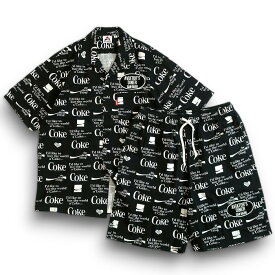 AVIREX アヴィレックス Coca Cola コカコーラ Coke Icon Shirts & Shorts Setup 総柄 コークアイコン オープンカラーシャツ イージーショーツ セットアップ 3123029 3113020 定価2.2万 ブラック M-01 L-02 XL-03 2XL-04▲045▼50401k02