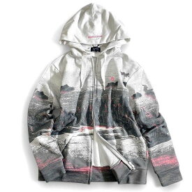 【中古】【新古品・未使用品】PEARLY GATES パーリーゲイツ ゴルフ 日本製 コットン混 スウェット フォトプリント ゴルフ場柄 フルジップ フーディ パーカー ジャケット ゴルフウェア 055-2262904 定価3.5万 ミックスグレー ピンク 0-01 1-02 ▲039▼50214w04