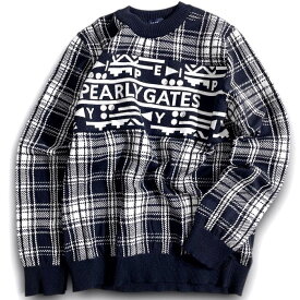 【中古】【新古品・未使用品】PEARLY GATES パーリーゲイツ ゴルフ 日本製 ウール混 ジャガードニット ナバホ×チェック柄 クルーネック 長袖 ニット セーター プルオーバー ゴルフウェア 053-2270113 定価3.7万 ネイビーブラック ホワイト 4-01 5-02 6-03 ▲041▼51008w01