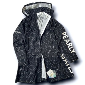 【中古】【新古品・未使用品】PEARLY GATES パーリーゲイツ ゴルフ 撥水×防風 Nyドビー ロゴ×千鳥柄 総柄 2WAYスリーブ ワンピース ロングジャケット レインウェア ゴルフウェア レディース 053-4988408 定価4.8万 ネイビーブラック 0-01 1-02 2-03 ▲028▼60330w02