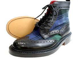 Tricker's トリッカーズ 英国製 グッドイヤーウェルテッド製法 本革 外羽根 MS634 MENS TWO TONE BLOGUE BOOTS チェック切替 ブローグ ウイングチップ レザー ブーツ 革靴 定6.6万 ブラック ネイビー グリーン 6-01 6.5-02 7-03 7.5-04 8-05▲130▼10607k12